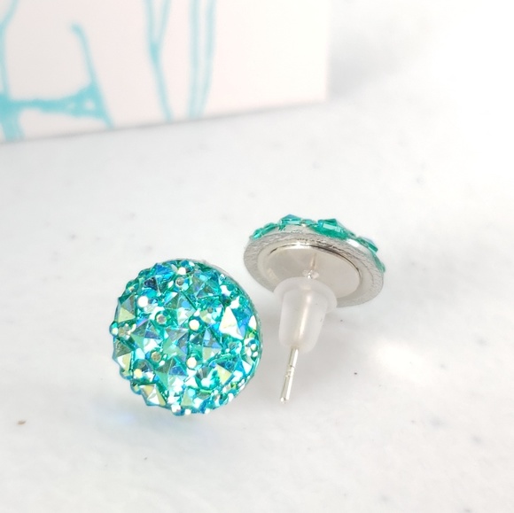 Teal Sparkle Acrylic Druzy Stud Earrings - Picture 4 of 6